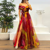 Casual Pleats Women's Long Dresses New Summer Mesh Printed Lady Evening Dress Fashion Strapless Slim Fit Split Party Dress