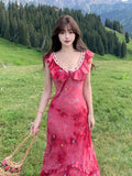 Women Print Flower Red Vacation Dress Elegant V-Neck Ruffled Long Evening Party Dresses Vintage Slim A-Line Vestidos Mjuer New