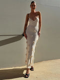 Elegant 3d Flower Sling Maxi Dress Women Deep V-neck Sleeveless Beach Dresses Summer New White Lady Chic High Street Robes