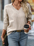 Autumn and winter women's casual V-neck pullover long sleeved knitted sweater