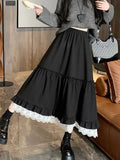 Pbong  Japan Y2K Black Long Skirts Women Vintage Lace Patchwork Loose Skirt Harajuku Casual Streetwear Female Retro A Line Skirt