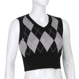 Vintage Plaid Sweater Vest Women V-neck Sleeveless Tank College Style Knitting Pullovers Tops for Daily