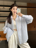 Sweet Casual Women Striped Shirts Loose Long Sleeve Vintage Cotton Linen Sun Proof Blouse Korean Preppy Style Letter Retro Tops
