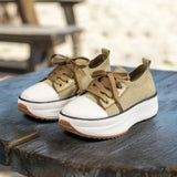 Pbong  Spring Hot Sale Of The Season Women's Low-Top Thick-Heeled Canvas Shoes Adhesive Flat Heel Single Shoes Rubber Outsole Pure