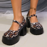 Pbong  Leopard Chunky High Heels Pumps for Women Fashion Buckle Strap Platform Mary Jane Shoes Woman Gothic Thick Heel Party Shoes