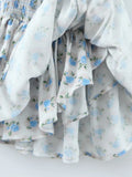Pbong  Sexy White Blue Flower Print Corset Ruched Elastic Body Sling Mini Dress Woman Wood ears Square Collar Ruffles Hem Robe Holiday