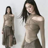 Chic Design Asymmetical O Neck Hollow Out Tops Front Cross Draped Office Lady French Shirts Y2k Harajuku American Punk Clothes