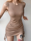 Ribbed Knitted Khaki Backless Side Slim Dress