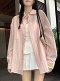 Sweet Casual Women Striped Shirts Loose Long Sleeve Vintage Cotton Linen Sun Proof Blouse Korean Preppy Style Letter Retro Tops