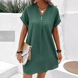 Pbong  Casual Loose Mini Dress Women Summer Fashion Short Sleeve Ladies V-neck Beach Short Dress Elegant