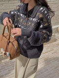 Woman Fair Isle Sweater Polo Collar Button Front Cozy Knit Pullvers Jumper Female Autumn Winter Preppy Vintage Outfit