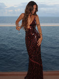 Sexy Sequin Deep V-neck Sling Party Dress Women Elegant Glitter Sleeveless Waist-cinching Evening Dresses Chic Beach Robes