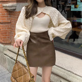 Women's Knitted Shrug Cardigan with Vest Cami Top One button front Crop Bolero Tops Teen-girl Autumn Winter Y2K 90s Outfit