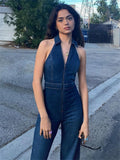 Y2k Denim Jumpsuit Women New V-Neck Sleeveless Slim Bodycon Jumpsuits Overalls Streetwear One Piece Outfits Jeans