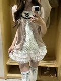 American Style Vintage 2 Piece Set Woman Sweet Girl Fake Two Short Sleeved Tops Casual Lace Mini Skirt Chic
