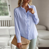 Pbong  Elegant Work Shirt Women's Ruffle Trim Button Up Long Sleeve Blouse Top Cotton Stand Collar