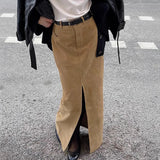 Pbong  New Autumn/Winter Vintage Suede Half Skirt for Women Elegant Commuting Brown Slit Straight Suit Skirt High Waist Long Skirt