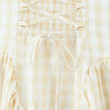 Pbong  Sexy Yellow White Plaid Square Collar Sling Midi Dress Women Cross lacing Up Back Low Waist Ruched Swing Tank Dresses Robe