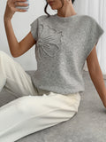 Elegant 3D floral pattern round neck knitted sweater vest for women's clothing