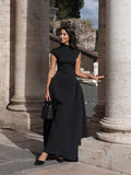 Elegant Oblique Collar Pleated A-line Dress For Women Fashion Brown Sleeveless Slim Long Dresses New Evening Party Gowns