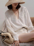 Pbong  Flower Embroidery Shirt for Women Long Sleeve V Neck Blouses Chic Korean Vintage Blouse Tops Female