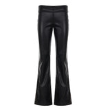 Pbong  Basic Solid Pu Leather Flare Pants Casual Slim Folds Low-Waisted Wide Leg Pants Women Autumn Spring Streetwear Office Lady