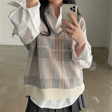 Checked Sweater Vest for Women Ovesized V-neck Sleeveless Pullover Knitted Vest Top Fall Winter Preppy Casual Chic Outfit