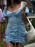 Pbong  Floral Print Square Neck Puff Sleeve Mini Dress Side Bodycon Spring Summer Street Party Women Sweet Sexy Matching Outfit