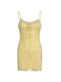 Ruffles Tie Floral Print Cute Y2K Summer Dress Women Sleeveless Two Layer Mesh Spaghetti Straps Dresses
