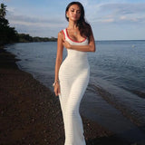 Sexy Backless Knitting White Long Dress Women's Square Collar Sleeveless Tank Dress New Summer Transprent Beach Holiday Vestidos