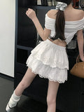 Coquette White Lace Short Skirt Ruffle Women Sweet Bow Kawaii Mini Skirts Patchwork Layered A-line Aesthetics Skirt
