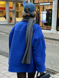 Royal Blue Single Button Turn Down Collar Women Coat Loose Oversize Bomber Drop Shoulder Jacket Fall Winter Chic Streetwear
