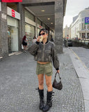 Women Elegant Solid Zipper Bomber Jacket Fashion Lapel Long Sleeve Elastic Waist Leather  Autumn Female Chic High Streetwear