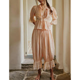 Pbong  Women 2Piece Chic Floral Lace Sheer Patchwork Outfits Set Tie Front Ruffle Hem Babydoll Shirt Top+Drawstring Blommers