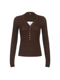 Contrast Lace Patchwork Ribbed Slim Basic Long Sleeve T Shirt Women Brown American Retro Spring Autumn Button Tees