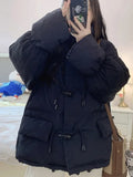 Women Fall Winter Korean Sweet Parka Jacket Retro Horn Button Regular Fit Basic Simple Casual Chic Pockets Halloween Christmas
