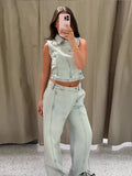 Pbong  Light Wash Denim Vest & Wide Leg Pants Two-Piece Set Asymmetric Button Spring Summer Fashion Streetwear Casual Denim Set