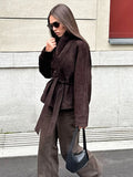 Elegant Women's Belt Suede Jackets Lace Up Lapel One Button Long Sleeve Coat 2025 Autumn Lady Vintage Loose Street Outwearrs