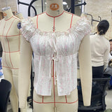 Women Y2k Fairy Lace Shirts Cap Sleeve Button Down Lace Patchwork T-Shirts Aesthetic Babydoll Crop Tops Summer Streetwear