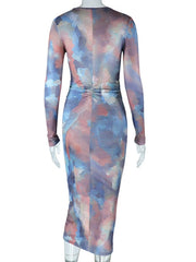 Casual Sexy O-neck Tie Dye Printed Bodycon Party Dress for Women Streetwear Y2K Autumn Ladies Nightclub Mid-calf Vestidos