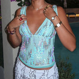 Sequin Camis Top Vintage Deep V-neckline Sleeveless Shirt Vest Women Coquette Backless Slim Fit Crop Tops Y2k Rave Club Party