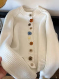 Korean Chic Buttons Cardigan Women O Neck Vintage Casual Fall Knitted Sweater Lazy Wind Simple Long Sleeve Loose Cute Coats Tops