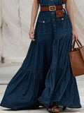 Women's Vintage Pleated A-Line Tank Dress High Street Casual Summer Fashion Denim with Turn down Collar And Pockets Style