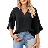 Pbong  Lady Casual Short Flare Sleeve V-Neck Loose Blouse TopsWomen Summer Style Chiffon Blouses Shirts