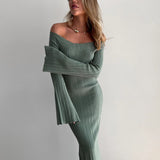 Simple Ribbed Knit Long Skirt Solid Color Slash Neck Chic Spring Autumn Women Dress Core Spun Yarn Fashion Slim Dresses 2025 New