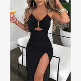 Fashionable Women's Sleeveless V-Neck Dress Hollow out Belted mid Waist Cleanfit Style Polyester Cotton Blend Skirt Dress