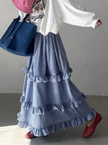 Pbong  Korean Ruffles Plaid Long Skirts Women High Waist Loose Elegant Skirt Vintage Preppy Style Casual Female Sweet Dance Skirt