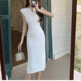 Pbong  Summer New Style Waist Wrapped Solid Vintagv Collar Pit Knitted Dress Women's Patchwork Sleeveless Length Split Hip Wrap Dresses the dress black dress white dress