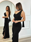 Sexy V Neck Long Dress For Women Halter Neck Ruched Suspender Dress With Ribbon Slim Banquet Dress High Slit Sleeveless