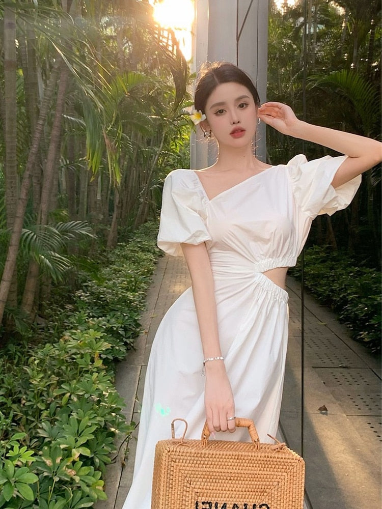 Solid Cut Out Dress For Women V-Neck Sleeveless High Waist Hollow Out Minimalist Midi Dresses Female Clothes Fashion New